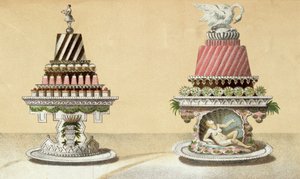 Projekt prezentacji Charlottes a la Reine & Pain de Framboises a la Leda, ilustracja z węgierskiej książki kucharskiej o kuchni francuskiej, ok.1880 autorstwa Hungarian School