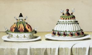Projekt do prezentacji kurczaka faszerowanego foie gras i piersi bażanta gotowanego na sposób Bertholda, ilustracja z węgierskiej książki kucharskiej o kuchni francuskiej, ok. 1880 r. autorstwa Hungarian School