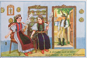 Pocztówka przedstawiająca kobiety w tradycyjnym węgierskim stroju wirujące i śpiewające popularną pieśń Sing a Song to the Frog, ok.1940 autorstwa Hungarian School