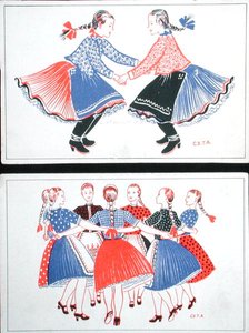 Pocztówki przedstawiające tradycyjne tańce węgierskie, ok. 1947-8 (kolor lito) autorstwa Hungarian School