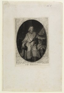 J.B. Bossuet (pieszo), grawerowane przez Jean-Baptiste de Grateloup, 1771 (mezzotinta, akwatinta i sucha igła na chine collé) autorstwa Hyacinthe Francois Rigaud