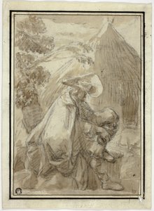 Siedzący mężczyzna w płaszczu przy krytej strzechą chacie autorstwa III Follower of Herman Saftleven