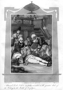 Admirał Nelson leżący śmiertelnie ranny na ćwiartce pokładu HMS Victory, 1816.