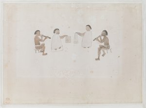 Muzycy Tahiti. Czterech Tahitańczyków, dwóch ubranych na klaczy, grających na flecie nosa; dwóch ubranych w bijące bębny tiputy,  Nagrane w Dzienniku Josepha Banksa I, 290 autorstwa I. F. Miller