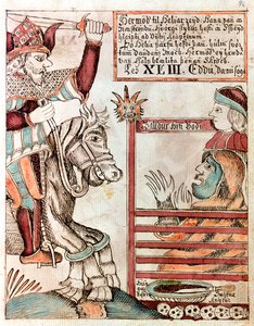Hermod dosiada Sleipnira, słynnego ośmionożnego rumaka swego ojca, u zakratowanych bram Królestwa Helu autorstwa Icelandic School