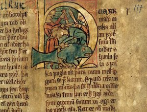 Historyczny inicjał H z artykułu dotyczącego podziału wielorybów wyrzuconych na brzeg, kopia oryginalnego XIV-wiecznego zbioru praw Jonsbok autorstwa Icelandic School