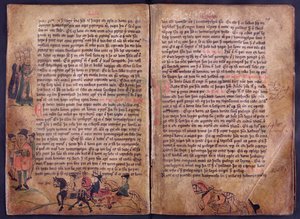 Dwie ilustrowane strony z kopii oryginalnej XIII-wiecznej kolekcji prawa Jonsbok autorstwa Icelandic School