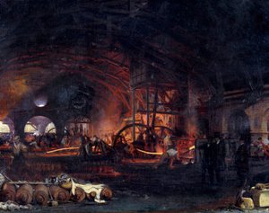Rewolucja przemysłowa: „Wielka kuźnia Fourchambault” Fragment obrazu Francois Bonhomme (1809-1881) 1839. Fourchambault