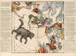 Biegun Północny, Tablica 1 z opisu globu niebieskiego w płaskich ramach, wyd. 1674 (grawerowanie ręcznie kolorowane) autorstwa Ignace Gaston Pardies