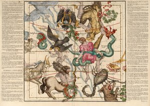 Przesilenie zimowe, Tablica 5 z opisu globu niebieskiego w płaskich stołach, wyd. 1674 (grawerowanie ręcznie kolorowane) autorstwa Ignace Gaston Pardies