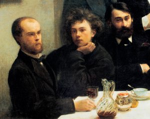 Narożnik stołu: od lewej do prawej: Paul Verlaine, Arthur Rimbaud, Elzear Bonnier. (Malarstwo, XIX w.) autorstwa Ignace Henri Jean Fantin Latour