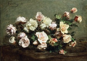 Wazon białych róż na stole; Wazon białych i różowych róż na stole, autorstwa Ignace Henri Jean Fantin Latour