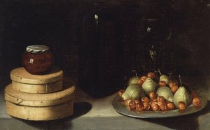 MARTWA ŻYCIE (TACA Z WIŚNIAMI I GRUSZKAMI, PUDEŁKA I BUTELKA MIODU) - XX WIEK autorstwa Ignacio Zuloaga y Zabaleta
