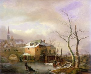 Pejzaż zimowy z chłopami na zamarzniętym stawie koło wsi (olej na płótnie) autorstwa Ignatius Josephus van Regemorter