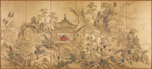 Pejzaż z pawilonem (Roukaku Sansui Zu, Pejzaż z wieżą) - Lewa część pary sześciopanelowych parawanów Ike no Taiga (1723-1776), akwarela i tusz na papierze, ok. 1750 - XVIII w. Sztuka japońska, pejzaż orientalny - Tokio Narodowe M
