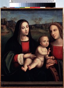 „Madonna z Dzieciątkiem i św. Katarzyną Aleksandryjską” Obraz Francesco Raibolini dit il Francia (1450-1518) Muzeum Ermitażu w Sankt Petersburgu