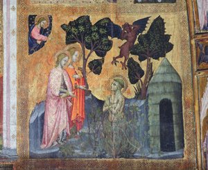 Franciszek rzuca się w ciernie, fresk z Porcjunkuli, 1393 r. autorstwa Ilario da Viterbo