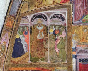 Św. Franciszek błagający papieża Honoriusza III o potwierdzenie odpustu, fresk z Porcjunkuli, 1393 autorstwa Ilario da Viterbo