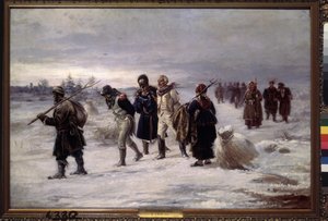 W 1812 r. (Więźniowie schwytani z Wielkiej Armii Napoleona idą po śniegu, wycieńczeni, eskortowani przez chłopów rosyjskich). Obraz Illariona Michajłowicza Pryanisznikowa (1840-1894), olej na płótnie