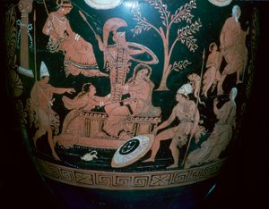 Grecki czerwonofigurowy krater wolutowy ze sceną z woreczka Troi, IV wiek p.n.e autorstwa Illupersis Painter