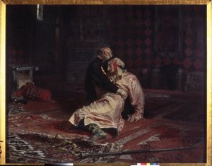 Iwan IV Groźny (1530-1584) obejmuje swojego syna Iwana Iwanowicza (1554-1581), którego właśnie śmiertelnie zranił podczas kłótni, piątek, 16 listopada 1581. Obraz Ilji Jefimowicza Repina (Ilia Repin) (1844-1930) , olej na płótnie autorstwa Ilya Efimovich Repin