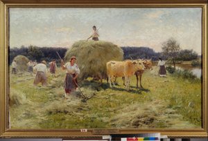 Sianokosy (Letnia scena rolnicza, chłopi zbierający siano w zaprzęgu wołowym) - Sianokosy - Obraz Nikołaja Korniłowicza Pimonenko (1862-1912), olej na płótnie autorstwa Ilya Efimovich Repin