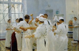 Chirurg Iwan Pawłow (1849-1936) na sali operacyjnej (Chirurg Pawłow na sali operacyjnej). W otoczeniu swojego zespołu medycznego, asystentek i pielęgniarek chirurg operuje chorego pacjenta. Obraz Ilji Jefimowicza Repina (Ilia Repin) (1