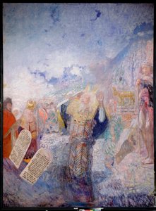 Mojżesz i Dziesięć Przykazań. Za nim Złoty Cielec. Obraz Jurija Iljicza Repina (Youri Repin) (1877-1954), olej na płótnie, ok. 1930 r. Sztuka rosyjska XX w., sztuka współczesna. I. Repin Memorial Museum Penates, Sankt Petersburg. autorstwa Ilya Efimovich Repin