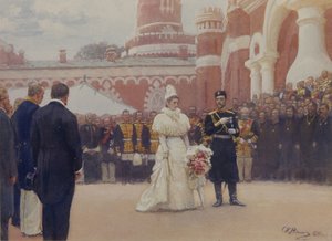 Mikołaj II odbierający starostów wiejskich 18 maja 1896 r. na dziedzińcu Pałacu Pietrowskich w Moskwie, 1897 r. autorstwa Ilya Efimovich Repin