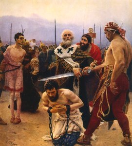 Św. Mikołaj ratujący troje niewinnych przed egzekucją, ok. 1888 r. autorstwa Ilya Efimovich Repin