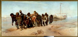 Przewoźnicy z Wołgi Grupa mężczyzn (ciągników) wyciąga łódź z wody w Rosji - Obraz Ilia (Ilya) Repine (1844-1930), olej na płótnie