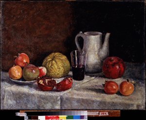 Martwa natura z granatem. Malarstwo Ilyi Ivanovich Mashkov (Ilia Mashkov, Matchkov) (1881-1944), olej na płótnie, koniec 1930 r. Sztuka rosyjska XX wieku, sztuka radziecka. Regionalna Galeria Sztuki A. Deineki, Kursk (Rosja).