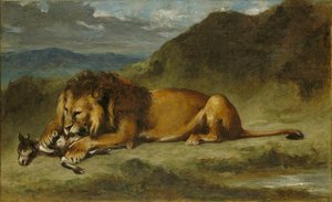 Lew pożerający kozę autorstwa Imitator of Eugène Delacroix