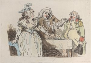 Młoda dziedziczka przygotowuje się do podpisania dokumentu, 1780-1800., 1780-1800. autorstwa Imitator of Thomas Rowlandson.