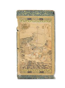 Karawela zaatakowana przez potwora morskiego, Mogołów Indie, ok. 1590 (nieprzezroczyste pigmenty wzmocnione złotem i srebrem na papierze) autorstwa Indian School