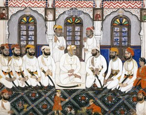 Radża z Jaipur ubrany do kultu w Durbar, ok. 1845 (nieprzezroczysta toaleta i złoto na papierze) autorstwa Indian School