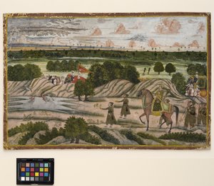 Nawab i jego pomocnicy na wyprawie myśliwskiej, ok. 1780 (nieprzezroczysta akwarela i złoto na papierze) autorstwa Indian School