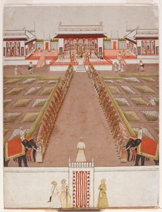 Podwórko dla Nawabów w pawilonie, poza aleją sług i dwóch słoni, ok. 1765 (nieprzezroczyste wc i złoto na papierze) autorstwa Indian School
