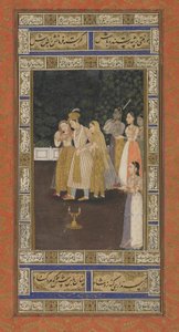 Książę ze sługami haremu, folio albumu z obrazem, początek XVIII w. (nieprzezroczysta akwarela, tusz i złoto na papierze) autorstwa Indian School