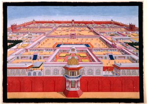 Widok z lotu ptaka na Czerwony Fort w Delhi od wschodu, przedstawiający cesarza, prawdopodobnie Shah Alama (1759-1806), wchodzącego do Diwan-i-Khas po prawej stronie, ok. 1780-90 (nieprzezroczysta akwarela)) autorstwa Indian School