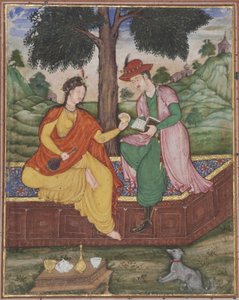 Mężczyzna i kobieta siedzą pod drzewem, ok. 1590 (nieprzezroczysta toaleta na papierze) autorstwa Indian School