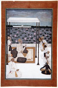 Szlachcic słucha muzyki pod baldachimem na tarasie nad jeziorem, ok. 1680 r. (wc nieprzezroczyste i złoto na papierze) autorstwa Indian School
