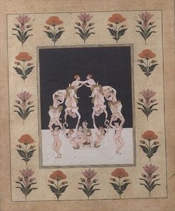 Para kochanków siedząca na huśtawce złożona z innych splecionych kochanków, ok. 1830 (gwasz na papierze) autorstwa Indian School