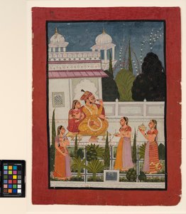 Raja na tarasie ze swoim rani, w towarzystwie trzech kobiet, koniec XVIII wieku (nieprzezroczysta akwarela na papierze) autorstwa Indian School