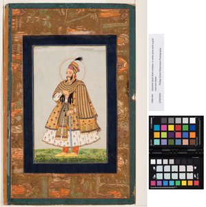 Abdullah Qutb Shah nimbate, w białej jamie ze złotym płaszczem i szalem, ok. 1680 (nieprzezroczysta akwarela i złoto na papierze) autorstwa Indian School