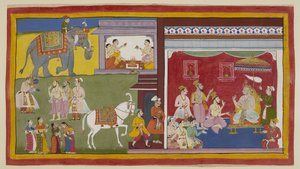 Dodaj 15296 (1) f.11r, Dasaratha, intronizowany w Durbar, mówi braminom Vasistha i Vamadeva oraz jego minister Sumantrze o swoim zamiarze zrzeczenia się tronu Ramie jako regentowi; po lewej ci trzej wzywają Ramę i Laksmanę. Powyżej zaczyna się czterech br autorstwa Indian School
