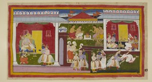 Dodaj 15296 (1) f.34r, Rama przyjmuje swoje wygnanie z doskonałym spokojem, a on i Laksmana żegnają się z Kaikeyi i Dasarathą, którzy ze spuszczoną głową i odwróconym wzrokiem nie mogą zmusić się, by spojrzeć na swojego syna. On i Laksmana opuszczają pałac autorstwa Indian School