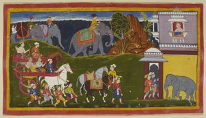 Dodaj 15296 (1) f.4r, Bharata, Shatrughna i ich wujek, wraz z służącymi i dwoma prowadzonymi końmi wierzchowymi, z załadowanymi słoniami za linią horyzontu, przybywają do pałacu króla Kekaya, dziadka Bharaty ze strony matki, który na nich czeka patrząc autorstwa Indian School