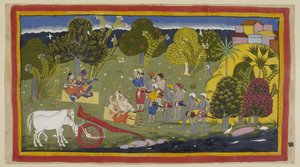 Dodaj 15296 (1) f.63r, Towarzysze dotarli do rzeki Ganga w Srngaverapura Rama i Sita siedzą na macie ze słomy pod drzewem, które ma być drzewem Ingudi, podczas gdy Laksmana i Sumantra siedzą podobnie naprzeciwko nich. Konie zostały unhar autorstwa Indian School
