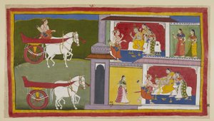 Dodaj 15296 (1) f.72r, Po lewej Sumantra wraca do Ajodhja i wchodzi do pałacu, aby przekazać ostatnią wiadomość Ramy królowi, który siedzi obok niego Kausalja i Sumitra. Król omdlewa i zostaje złapany przez Sumantrę i królowe. autorstwa Indian School